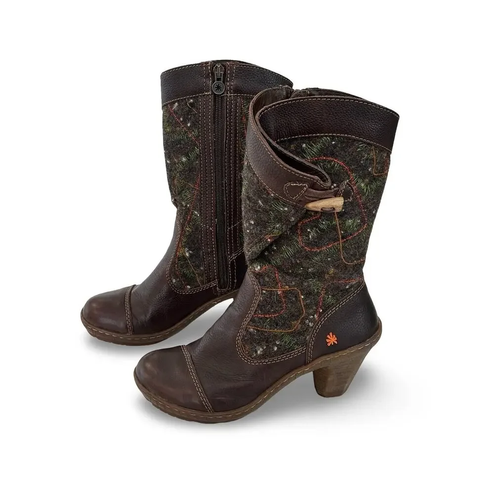The Art Company Mid Boots Size 37 US 6.5 -7 Brown Leather Embroidered Wool Shaft